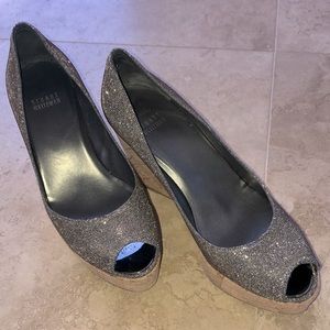 Stuart Weitzman Silver Glitter Open Toe Wedge
